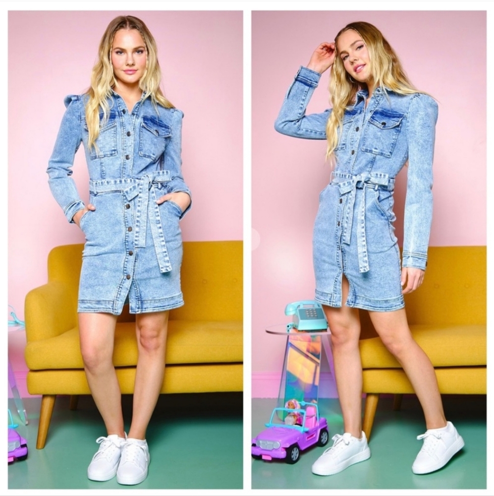 Washed Denim Long Sleeve Button-up Dress